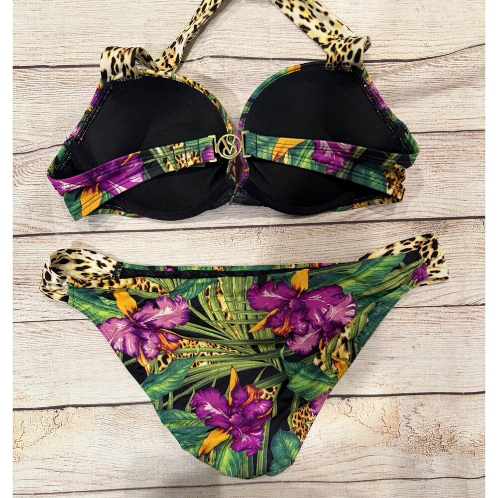 Y2K Victorias SecretBombshell Bikini Top & Bottom Floral Leopard Print 34B/L - Picture 6 of 8